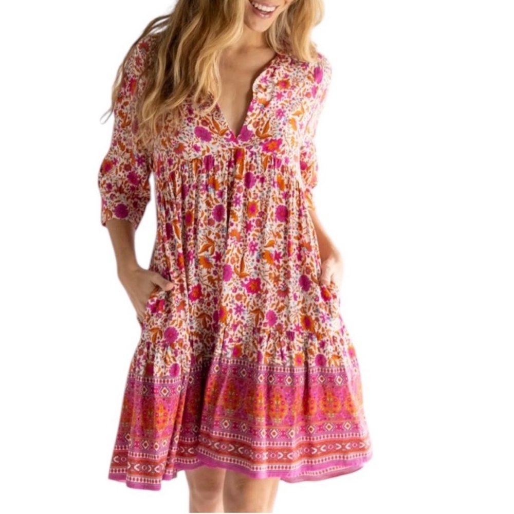 Natural Life Becca Mini Dress Cream and Pink Floral Size L - Picture 2 of 9
